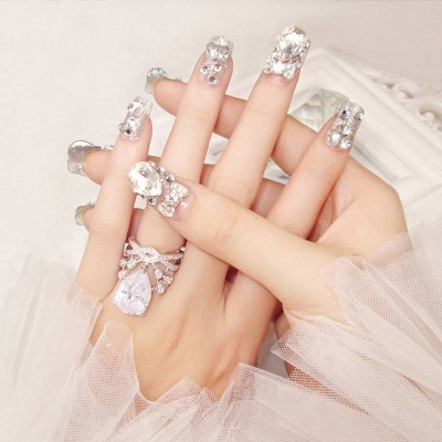 Japanese 3d Nail Art Pre Design Bride False Nails Tips Back Glue Press On Nail Tips Artifical Fingernails